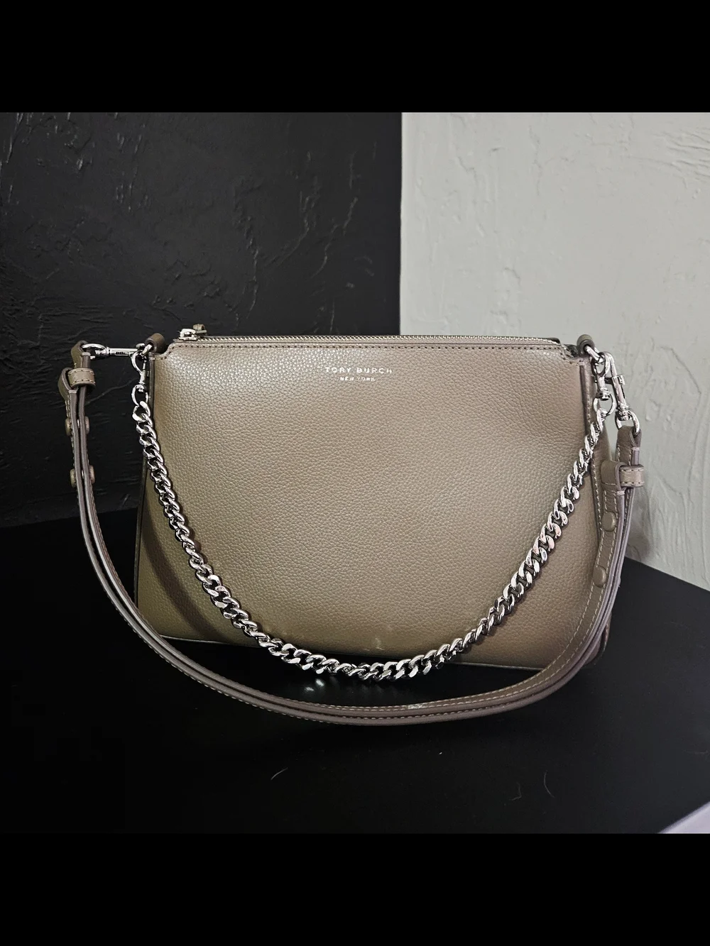 Tory Burch Pebbled Taupe Leather Chain Shoulder Bag